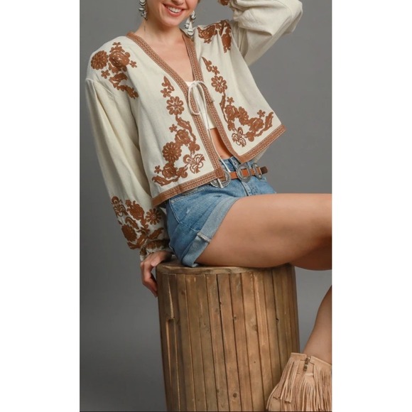 Umgee Linen Blend Lace Embroidered Jacket Cropped Puff Sleeve Size M Festival - Picture 3 of 12